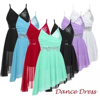 Платье для лирических танцев для девочек, без рукавов, с оборками и пайетками, балетные пачки, струящееся платье, балетный костюм для выступлений 5-6 Years темно-синий