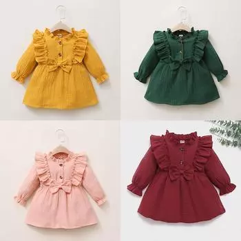 Платье для маленьких девочек, детское летнее платье для малышей 0-18 месяцев, однотонное хлопково-льняное повседневное платье с оборками и длинными рукавами, одежда для малышей 80 темно-зеленого