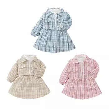 Платье для маленьких девочек, клетчатое пальто на пуговицах и платье с длинными рукавами 100