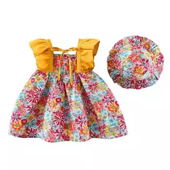 Платье для маленьких девочек, повседневное платье с принтом и шляпой, детская одежда XL