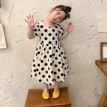 Платье для маленьких девочек с круглым вырезом, рукавами-фонариками, принтом в горошек, открытой спиной, детское платье принцессы 120