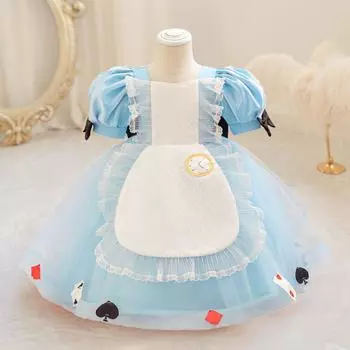 Платье для малышей Алиса Лолита на первый день рождения для девочек, детское кружевное платье с бантом для крещения, детское свадебное платье принцессы с пышными рукавами, вечернее платье 6-9M синий