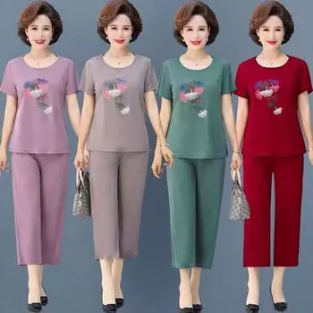 Платье для мамы, одежда из ледяного шелка, брюки, комплект из двух предметов для женщин среднего и пожилого возраста, футболка с короткими рукавами, брюки большого размера M