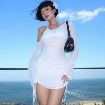 Платье для отдыха на острове Летнее Сексуальное Прозрачное На кулиске White S