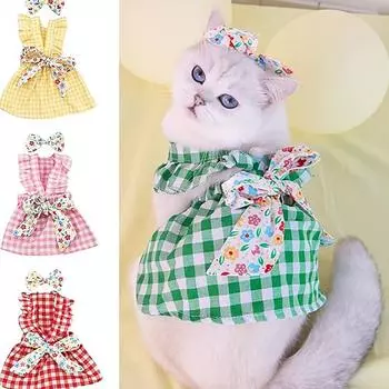 Платье для питомца с клетчатым принтом, моющаяся одежда для питомца, 1 комплект, платье для питомца, бант, рукава с оборками S розовый