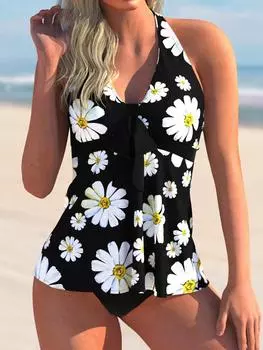 Платье для плавания с принтом 2024, комплект танкини, сексуальный купальник из двух предметов, женский купальник, винтажный купальный костюм, женская летняя пляжная одежда S чёрный