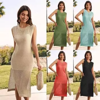 Платье для пляжного отдыха, длинное платье, модное накидка, однотонный женский вязаный свитер с короткими рукавами S чёрный