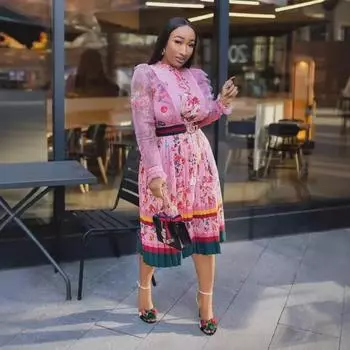 Платье для поездок на работу в европейском стиле с цветочным принтом и высокой талией - розовое, длинная юбка, размер плюс (Без пояса) L розовый