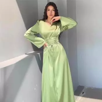 Платье для похудения с V-образным вырезом и длинными рукавами с завязками на талии S зелёный