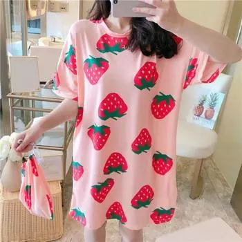 Платье для сна Красивая мягкая летняя ночная рубашка с короткими рукавами Милая летняя ночная рубашка с радужным узором Ночная рубашка для девочек Ночная рубашка Домашняя одежда XL горячий розовый