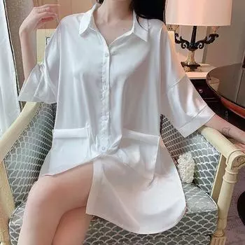 Платье для сна, женская летняя простая белая рубашка, тонкое спальное платье из ледяного шелка M