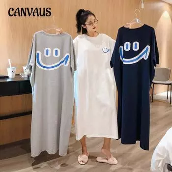 Платье для сна женское летнее с короткими рукавами длинное до колена платье свободного размера плюс для беременных смайлик домашняя одежда M белый