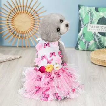 Платье для собак, 3D-бабочка, цветочный декор, дышащая повседневная одежда, юбка на подтяжках для домашних животных L розовый