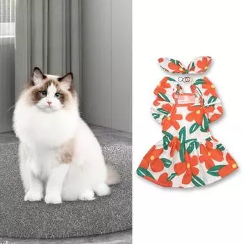 Платье для собаки Очень мягкое дышащее платье с цветочным принтом для щенка и заколкой для волос Лето для домашних животных L оранжевый