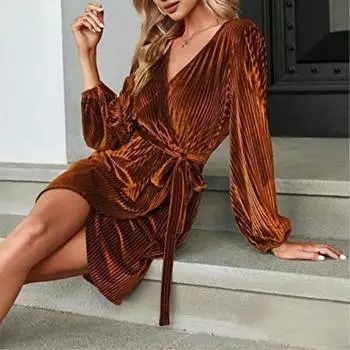 Платье для свиданий Lady Dating с V-образным вырезом и поясом-завязкой, тонкая талия, длинные рукава, бархатная ткань XL темно-зеленого