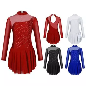 Платье для танцев для девочек, одежда для соревнований, платье для катания на коньках, платье в стиле пэчворк с длинными рукавами бордовый