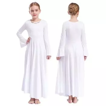Платье для танцев для девочек с длинными рукавами, вырезом крест-накрест спереди, манжетами-оборками, эластичной тканью, однотонная одежда для выступлений 5-6 Years белый