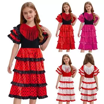 Платье для танцев фламенко для девочек, многоярусные оборки с кисточками и V-образным вырезом, костюм для выступлений на сцене 12-18Months красный/чёрный