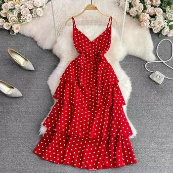 Платье для торта в горошек Платье-слинг Платье для отдыха на море с v-образным вырезом и открытой спиной на талии Тонкое платье трапециевидной формы без рукавов