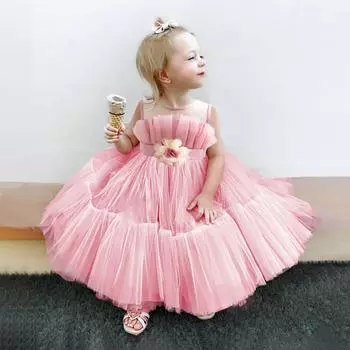 Платье для вечеринки для малышей, цветочное платье принцессы на первый день рождения, длинное сетчатое платье с бантом на день рождения, свадьбу, выпускной, летнее платье для детей от 1 до 3 лет 6-9M розовый