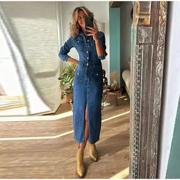 Платье для вечеринки в стиле деним, однотонное, в стиле пэчворк, для женщин, весна-осень 2025 г., простые платья макси с отложным воротником и длинным рукавом, модное женское платье S темно-синий