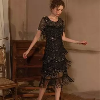 Платье для вечеринки в стиле Гэтсби 1920-х годов, сексуальное танцевальное платье с бахромой и пайетками 2XL чёрный