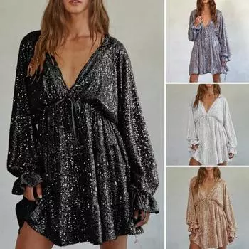 Платье для вечеринки в женском клубе с глубоким V-образным вырезом, сверкающими пайетками, свободным однотонным цветным платьем с длинными рукавами, бантом, шнуровкой на бретелях, утягивающим мини-платьем S