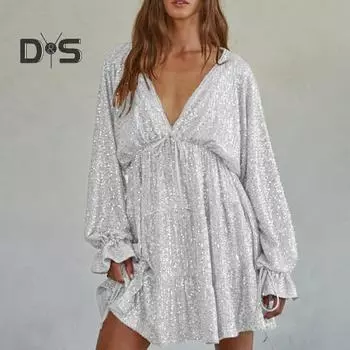 Платье для вечеринки в женском клубе с глубоким V-образным вырезом, сверкающими пайетками, свободным однотонным цветным платьем с длинными рукавами, бантом, шнуровкой на бретелях, утягивающим мини-платьем S серебряный серый