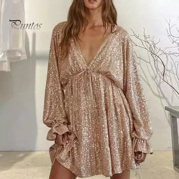 Платье для вечеринки в женском клубе с глубоким V-образным вырезом, сверкающими пайетками, свободным однотонным цветным платьем с длинными рукавами, бантом, шнуровкой на бретелях, утягивающим мини-платьем S золотистый
