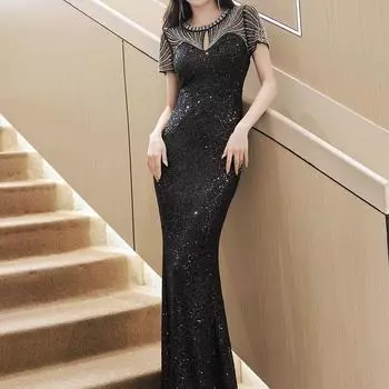 Платье для ведущего банкет вечернее платье черное тонкое женское платье-рыбий хвост юбка высокое чувство тонкий темперамент платье юбка S