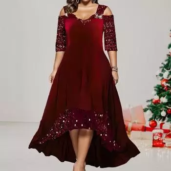 Платье для выпускного вечера с блестками, V-образным вырезом, половиной рукавов, с открытыми плечами, сплошной цвет, трапециевидной формы, нерегулярный подол, лоскутное одеяло, плюс размер, свободный подол, женское летнее осеннее платье макси 4XL красный