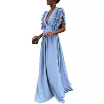 Платье для выпускного вечера с летающими рукавами и оборками с глубоким вырезом и глубоким V-образным вырезом, плиссированное платье длиной до пола, вечернее платье с высокой талией L белый