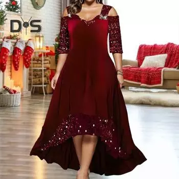 Платье для выпускного вечера с пайетками, V-образным вырезом, короткими рукавами, открытыми плечами, однотонное, А-силуэт, неровный подол, пэчворк, большие размеры, свободный подол, женское летнее-осеннее макси-платье 3XL красный