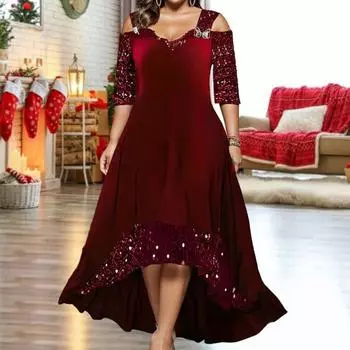 Платье для выпускного вечера с пайетками, V-образным вырезом, короткими рукавами, открытыми плечами, однотонное, А-силуэт, неровный подол, пэчворк, большие размеры, свободный подол, женское летнее-осеннее макси-платье 4XL красный