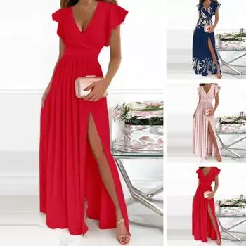 Платье для выпускного вечера с воланами и V-образным вырезом с узкой талией Макси-платье Женская одежда M красный