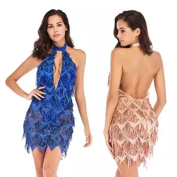 Платье для выпускного вечера, женское летнее сексуальное короткое платье с блестками на подтяжках, блестящее платье для женщин M синий