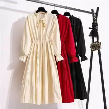 Платье для женщин 2020, осенне-зимнее шифоновое платье до середины икры с расклешенными рукавами и воротником-стойкой, с бантом на талии M чёрный