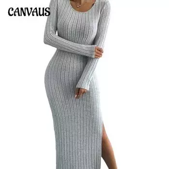 Платье для женщин больших размеров с длинными рукавами и круглым вырезом, длинное, с разрезом, на осень и зиму S чёрный