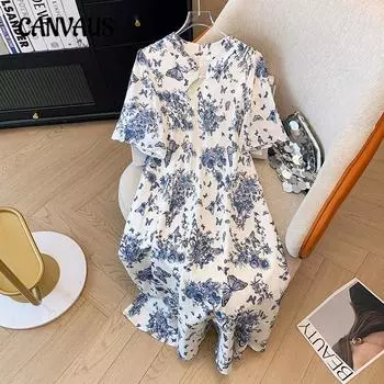 Платье для женщин больших размеров, новое летнее платье в китайском стиле с цветочным принтом, пряжкой-диском, воротником-стойкой, утягивающее платье 2XL синий