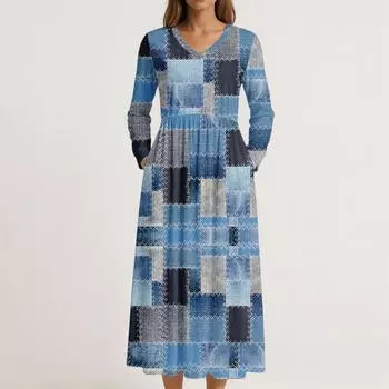 Платье для женщин длинное бохо пляжное платье элегантное макси-платье V-образный вырез длинный рукав платье с карманами L синий