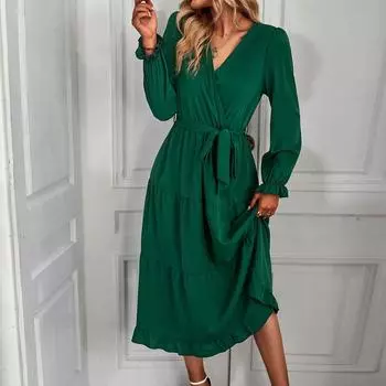 Платье для женщин длинное бохо пляжное платье элегантное макси-платье V-образный вырез длинный рукав платье с карманами L армия зеленый
