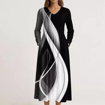 Платье для женщин длинное бохо пляжное платье элегантное макси-платье V-образный вырез длинный рукав платье с карманами L чёрный