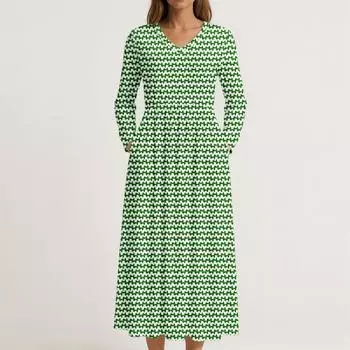 Платье для женщин длинное бохо пляжное платье элегантное макси-платье V-образный вырез длинный рукав платье с карманами L армия зеленый