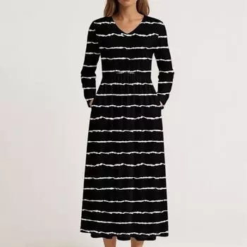 Платье для женщин длинное бохо пляжное платье элегантное макси-платье V-образный вырез длинный рукав платье с карманами L чёрный