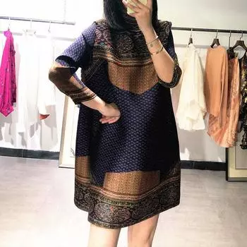 Платье для женщин, французское плиссированное платье в стиле ретро, осень 2022, новое свободное платье в национальном стиле, большие размеры, тонкое платье трапециевидной формы средней длины M синий