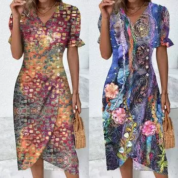Платье для женщин, летнее платье с цветочным принтом и нерегулярным подолом, платья на пуговицах с V-образным вырезом и короткими рукавами L оранжевый