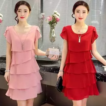 Платье для женщин, летнее, волнообразное, с оборками, милое, однотонное, с коротким рукавом, облегающее, женское, повседневное, универсальное, Vestido, с круглым вырезом, шифон XXL вино красного
