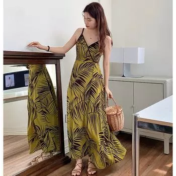Платье для женщин, летние повседневные длинные свободные шифоновые платья трапециевидной формы длиной до щиколотки на тонких бретелях, пляжные праздничные платья S