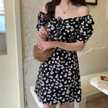 Платье для женщин, лето 2020, сексуальное, с коротким рукавом, без бретелек, с v-образным вырезом, тонким винтажным пуловером с талией, мини-платья женские S чёрный