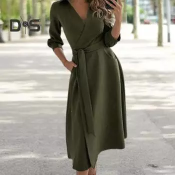 Платье для женщин на осень-весну с широкими бретелями, V-образным вырезом, поясом, облегающим, с высокой талией, длинными рукавами, карманами, мягкой длиной до середины голени, вечернее, выпускное, миди-платье M красный